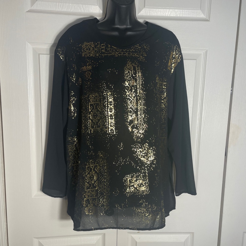 AUGUST MAX WOMAN Black Sheer Shirt Women X Gold Print Long Sleeve 90s Top Blouse